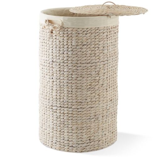 Casafield Round Laundry Hamper with Lid and Removable Liner Bag - Whitewash, Woven Water Hyacinth Laundry Basket for Clothes