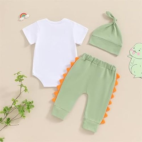 Twopumpkin Newborn Baby Boy Girl Clothes Outfits Short Sleeve Romper Bodysuit Cotton Pants and Hat Coming Home Outfit - Dinosaur New Here