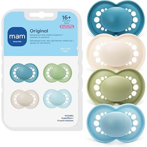 MAM Original Matte Baby Pacifiers 16+ Months, Binky for Newborn Babies, BPA-Free Skin Soft Silicone Nipple, Easy to Clean, Developed with Medical Experts, 4 Count, With Sterilizer Case, Made in Europe