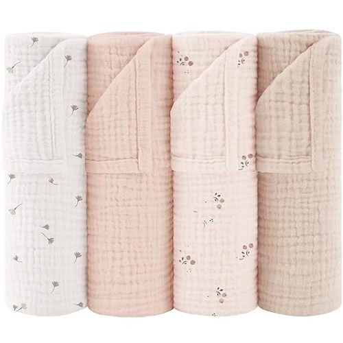 Susurration Muslin Burp Cloths 24x24 Inches Ultra Soft 100% Cotton, 4 or 7 Pack Baby Washcloths for Newborn, Absorbent Burp Rags & Swaddle Blankets