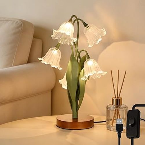 Flower Table Lamp for Bedroom,Cute Reading Light with 5 Wind Chime Grass Flower of The Valley,Desk Lamp Bedside Lamps for Nightstands Home Decor,Soft Reading Night Light for Bedroom Living Room Office