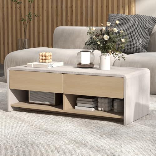 Giantex Coffee Table with Storage Drawers, 43 Inch Modern Cocktail Tea Table with 2 Compartments, Wooden Rectangular Center Table for Living Room