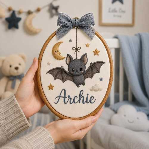 Custom Bat Moon Baby Name Embroidery Hoop, Spooky Boy Nursery Wall Art, Personalized Halloween Baby Keepsake
