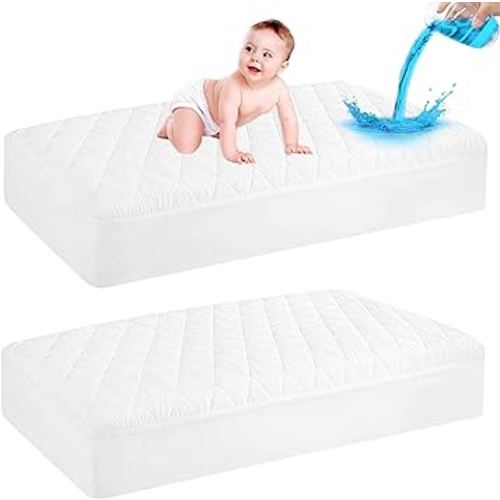 GRT 2 Pack Waterproof Crib Mattress Protector, Quilted Baby Mattress Cover Fitted Deep Pocket from 4" up to 9", Extra Soft Breathable & Noiseless Toddler Mattress Pad 52"x28", White