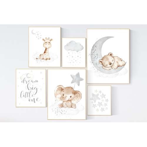 Neutral Nursery Art Prints: Elephant, Bear, Giraffe (Set of 6)