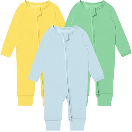 GUISBY Long Sleeve Cotton Pajamas Footless Baby Bodysuits with Zipper and Mittens 3-Pack for Boys Girls