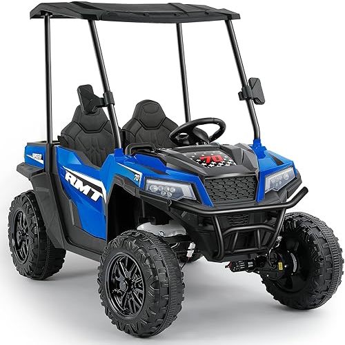 ELEMARA 24V 10AH Multifunctional Ride on Car with Dump Bed, Shovel, and Sun Shade, Large Electric Car 2 Seater, Side by Side Battery Car for Kid w/Remote, 3 Speeds, LED Lights, Bluetooth, Blue