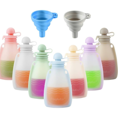 PandaEar Reusable Silicone Baby Food Pouches, 7 Pack Squeeze Pouches for Toddler Kids, BPA-Free Silicone Refillable Baby Food Storage, 5.5 oz /150 ml