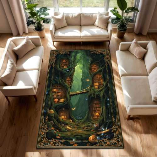 Enchanted Forest Library Rug, Fantasy Book Nook Carpet, Cozy Reading Room Area Rug, Cottagecore Fairy Decor, Book Lover Gift for Living Room