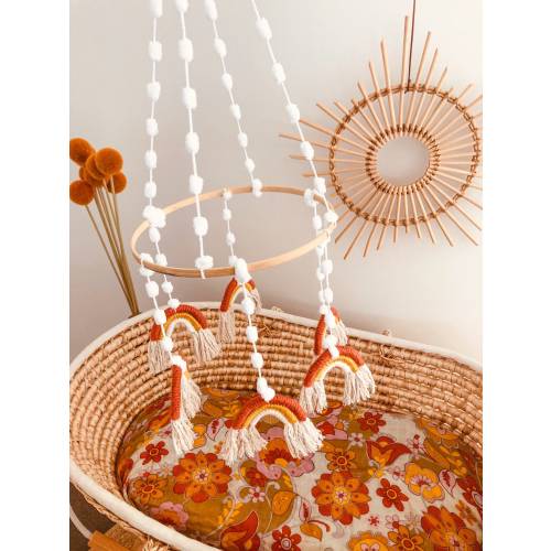 Boho bohemian mustard and Rust Rainbow macrame Baby dreamcatcher nursery mobile with pom poms