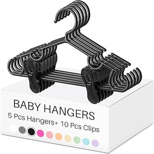 Hsei 5/10/40 Pack Baby Hangers with 10/20/80 Clips Plastic Kids Pants Hanger for Newborn Nursery/Daycare/Preschool Closet/Wardrobe Organizer Baby Shower Party(15 Packs Total,Black,10.6 Inch)