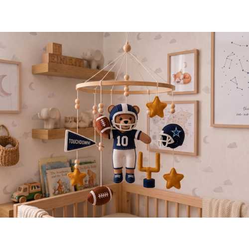 American Football Bear Baby Mobile – Teddy Bear Felt Crib Toy, Nursery Decor, Fan Gift (Customizable)