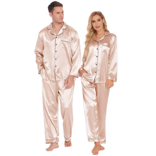 Ekouaer Couples Matching Pajamas Silk Long Sleeve Sleepwear Satin Soft Button Down Loungewear Pjs Set