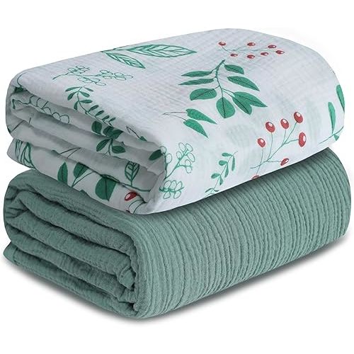 Muslin Swaddle Blankets for Newborn, 2 Pack Breathable Soft Receiving Blanket, Large 41 x 41 inches Swaddle Wrap Burping Clothes, Essentials Infant Shower Items. (Green & Leaves)