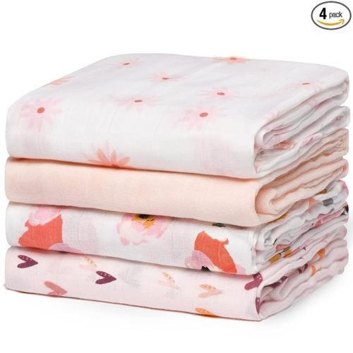 Momcozy Muslin Swaddle Blankets, 4-Pack Breathable and Skin-Friendly Receiving Blankets, Swaddle Blanket Shower Gifts & Baby Girl Newborn Essentials, Large 47"x47", Blooming Hearts