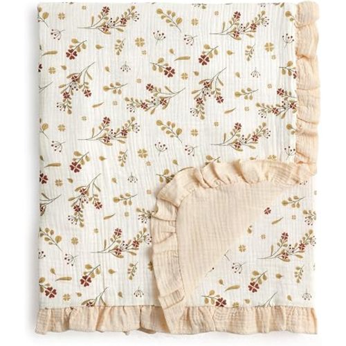 CREVENT 40''X40'' 100% Organic Cotton Muslin Baby Blanket for Newborns, Essential for Baby Shower Birthday Gift - Beige Flower 100X100cm