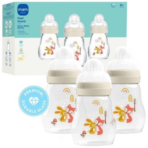 MAM Feel Good Glass Baby Bottles - Cream - 9 fl oz/3pk: Medium Flow, BPA-Free, Silicone Nipple
