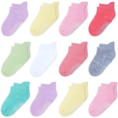 12 Pack Non Slip Kids Toddler Baby Socks with Grips 1-7 Years Boys Girls Cotton Ankle Socks Multi Colors