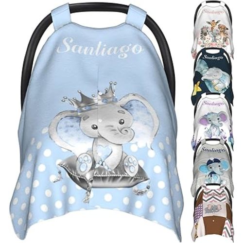 Personalized Baby Car Seat Covers for Girls Boys with Name Elephant Custom Carseat Canopy Cover for Babies Nursing Cover Breastfeeding Scarf Infant Stroller Cover