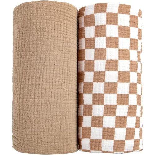 lulumoon Muslin Swaddle Blankets for Baby: Soft Cotton Newborn Receiving Blankets - Plaid Print Nursery Gift Set for Baby Girls(Mocha Plaid)