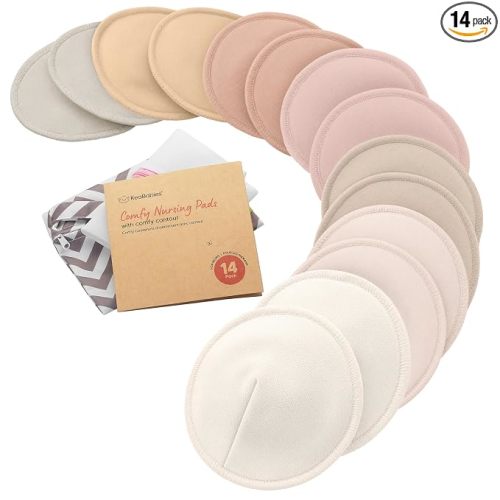 Organic Nursing Pads, 14 Washable Breast Pads,Wash Bag (Neutrals, M 4.6") | Viscose Derived from Bamboo, Breast Pads for Breastfeeding, Reusable Nipple Covers, Breastfeeding Essentials, Soft, Absorbent