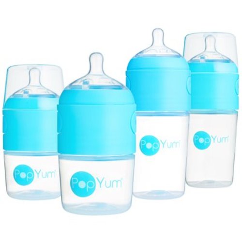 PopYum Blue Formula Making Baby Bottle Starter Set, 4-Pack, 2x 5oz Bottles with #1 Slow Flow Nipples + 2x 9oz Bottles with #2 Medium Flow Nipples, Mixing, Dispenser