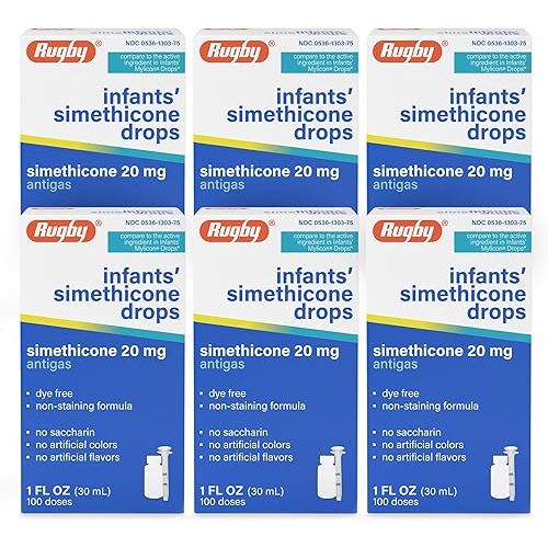 Rugby Dye-Free Infants' Gas Drops - Simethicone 20 mg Liquid Drops for Newborns, Babies, Toddlers, and Kids - Fast Relief from Gas Discomfort - No Artificial Colors or Flavors - 1 Fl. Oz. (6 Pack)