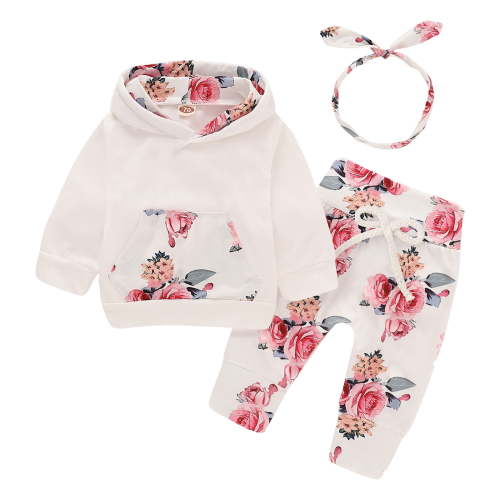 Sopiago Newborn Baby Girls Clothes 0-18 Months Girls 3PCS Fall Winter Outfits Flower Print Infant Girls Long Sleeve Hoodie Top Pants Headband Set 0-3 Months,Beige