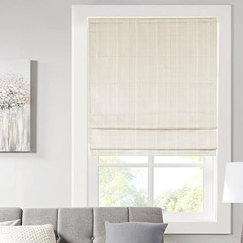 Madison Park Galen Cordless Fabric Privacy Single Panel Darkening, Energy Efficient Roman Shade, Window Curtain, 31"W x 64"H, Basketweave Sheen Ivory