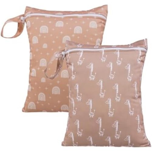 HappyFlute 2pcs Wet Bag Waterproof Bag Set-Cactus and Animal Pattern Wet Bag for Towels,Diaper Bag,Swim Bag,Beach Bag,Gym Bag,Wet/Dry Bag,Wet Clothes Bag,Wet Swimsuit Bag,10.2x14.4 inches.(Giraffe)