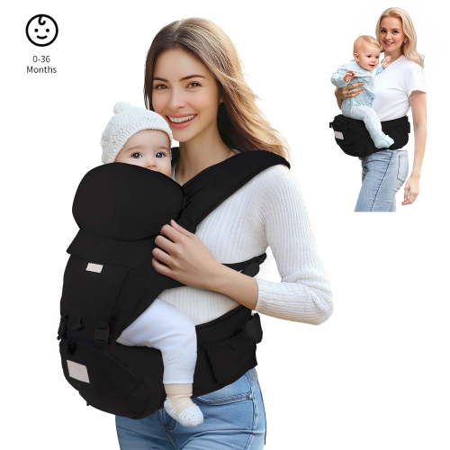 Scafild | 6-in-1 Baby Carrier with Waist Stool Hip Seat&Head Support for Breastfeeding Newborn Infant Toddler - Black