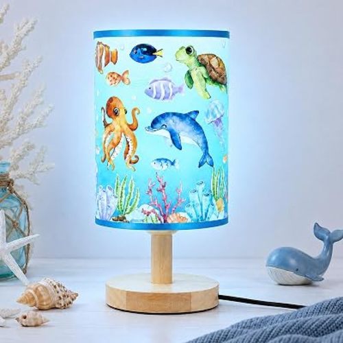 Under the Sea Table Lamp Ocean Animals Fish 3 Colors Dimmable Lights Underwater World LED Night Light Bedside Decor with Wooden Base Fabric Lampshade for Bedroom Living Room Home Decor Birthday Gift