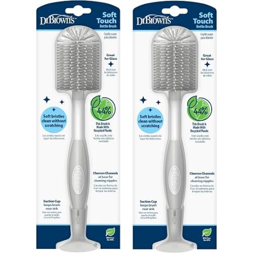 Dr. Brown's Soft Touch No Scratch Baby Bottle Cleaning Brush, Nipple Cleaner & Suction Cup Base for Easy Storage, BPA Free, Gray (Pack of 2)