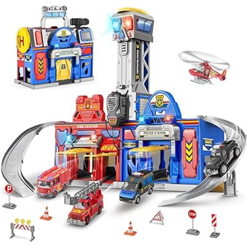 Ochido Boys Toys for 3 4 5 6 Years Old,Large City Action Playset Kit with Lights Sounds,Walkie-Talkie,Foldable Police & Fire Station Transform Track Toy with 4 Cars,Helicopter,7 Accessories