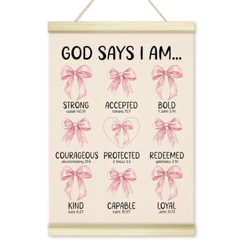LWBEO God Says I Am Bows Poster Hanger Frame, Christian Bible Verses Wooden Canvas Art Print, Pink Bow Positive Wall Art for Nursery Girls Room Bathroom Bedroom Decor 12x16in -10