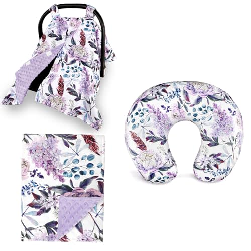 Car Seat Cover, Nursing Pillow Cover, Crib Receiving Blanket for Newborn Girls Boys, Soft and Breathable Minky Purple Floral