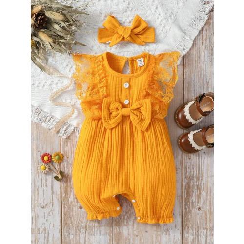 SHEIN Vintaside Kids Baby Girl Lace Ruffle Trim Bow Front Romper | SHEIN USA