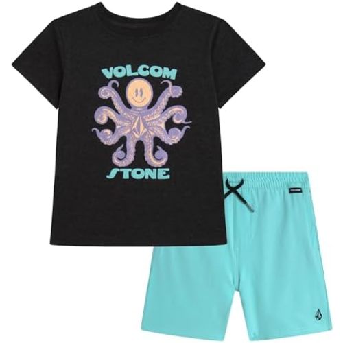 Volcom Toddler Boy Shorts Set - 2 Piece Short Sleeve Graphic Tees and Tech Stretch Shorts for Boys - Toddler Summer Clothes