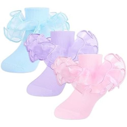 Witwot Toddler Girl Socks with Big Ruffle Lace Frilly Turn Cuff Dress Socks
