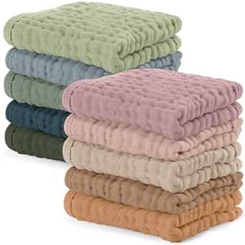 Comfy Cubs Muslin Baby Washcloths 10 Pk - Cotton Wash Cloths - Multicolor | Soft 6-Layer 100% Muslin Washcloths for Sensitive Skin - Gentle Absorbent Baby Cotton Washcloths for Newborns and Toddlers
