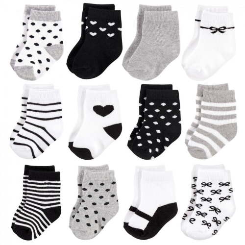 Hudson Baby Infant Girl Cotton Rich Newborn and Terry Socks, Girls Gray Black, 6-12 Months