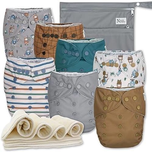 Nora's Nursery Cloth Diapers 7 Pack with 7 Inserts & 1 Wet Bag - Waterproof Cover, Washable, Reusable & One Size Adjustable Pocket Diapers for Newborns and Toddlers -Geared up