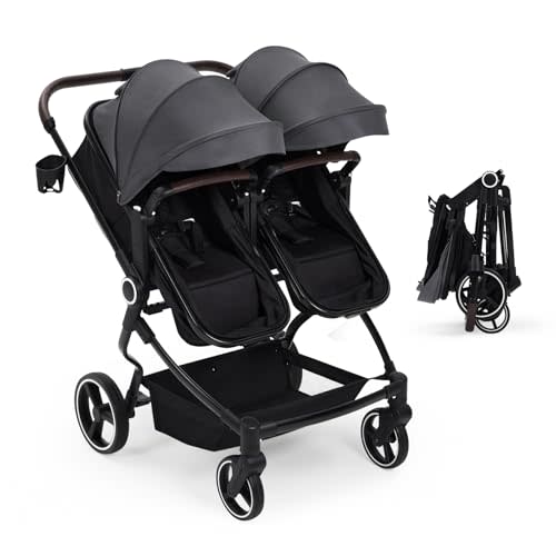 GarveeLife Side by Side Double Stroller for Twins, Lightweight Compact Foldable Baby Travel Stroller with High Landscape Seat, Adjustable Canopy & Recline for Infant and Toddler, Dark Grey