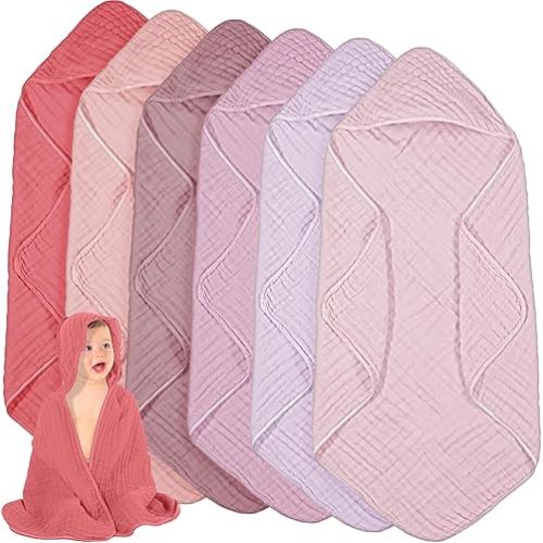 Peryiter 6 Pcs Muslin Hooded Baby Towels 32 x 32 Inch Cotton Newborn Bath Essentials Muslin Infant Blankets Absorbent Registry Gifts for Girl Boy Kids Baby Shower (Purple Series)