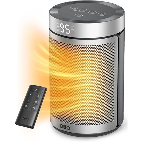 DREO Space Heater, Portable Electric Heaters for Indoor Use with Thermostat, 1-12H Timer, Eco and Fan Mode, 1500W PTC Ceramic Safety Heat for Office Bedroom Home, With Remote, Silver