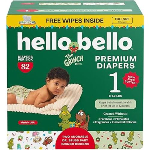 Hello Bello Dr. Seuss Baby Grinch Premium Diapers, Size 1 (8-12 lbs), 82ct Plus Bonus Wipes: Softness & Protection for Sensitive Skin