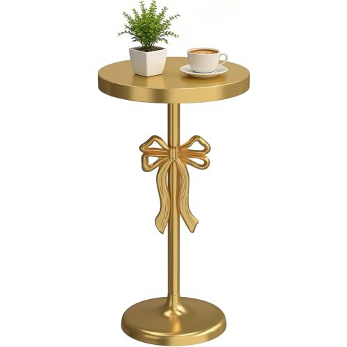 Gold Drink Table, Metal Martini Side Table - 11.9" x21.7'', Gold Small Accent Table with Bow Decoration, Pedestal End Table for Small Spaces