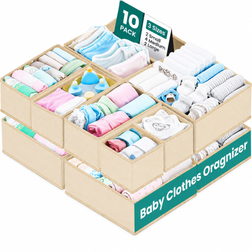 RFAQK 10 Pack Dresser Drawer Organizer Clothes-Baby Clothes Organizer for Nursery, Foldable Closet Fabric Drawer Dividers for Bedroom Organization, Storage Bins, Underwear, Socks, Bras, Belt-Begie