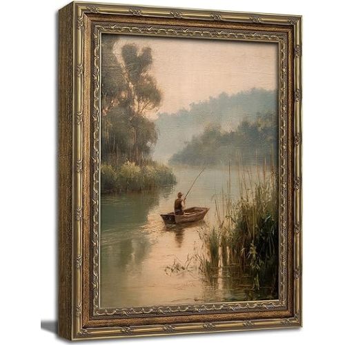 Vintage Gold Framed Wall Art Vintage Fishing Wall Art Country Fisherman Cottagecore River Landscape Wall Decor Picture Rustic Country Farmhouse Poster Print for Boy Room Bedroom Living Room 9x11in