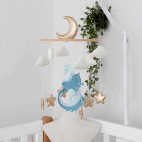 Blue Dragon nursery baby mobile, Baby boy mobile, Felt hanging toy, Fantasy baby nursery, Golden moon and stars, Baby shower gift